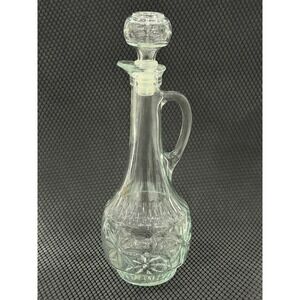 Vintage Liquor Decanter Tall Clear Green Tint Glass Starburst w/Handle Stopper